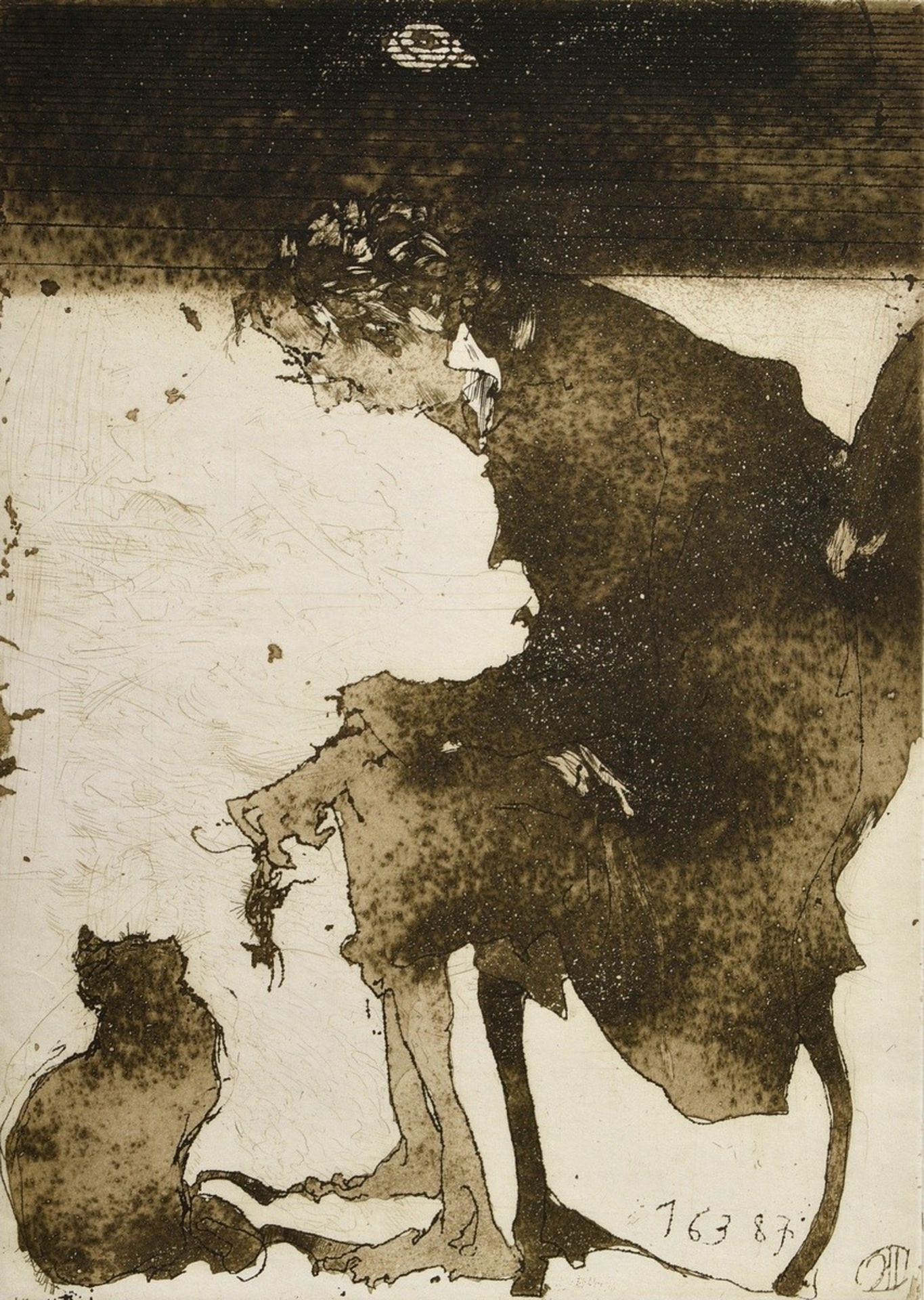 Janssen, Horst (1929-1995) "Morgen-Lydia (Self with cat)" 1987, etching, Griffelkunst, sign. lower 
