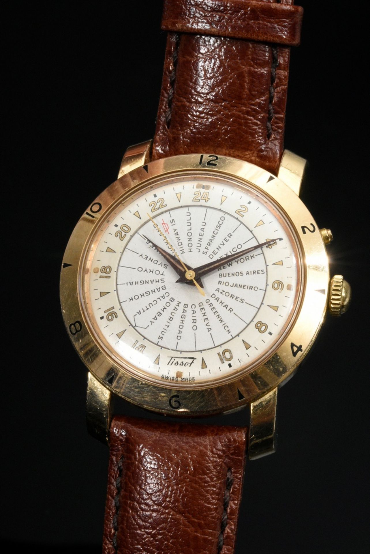 Gold-plated Tissot Heritage Navigator men's wristwatch, automatic, large seconds, Arabic numerals, 