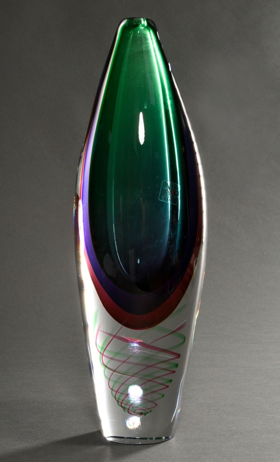Modern "Somerso" vase with green-purple-pink underlay and green-pink spiral, base sign. Luigi Onest