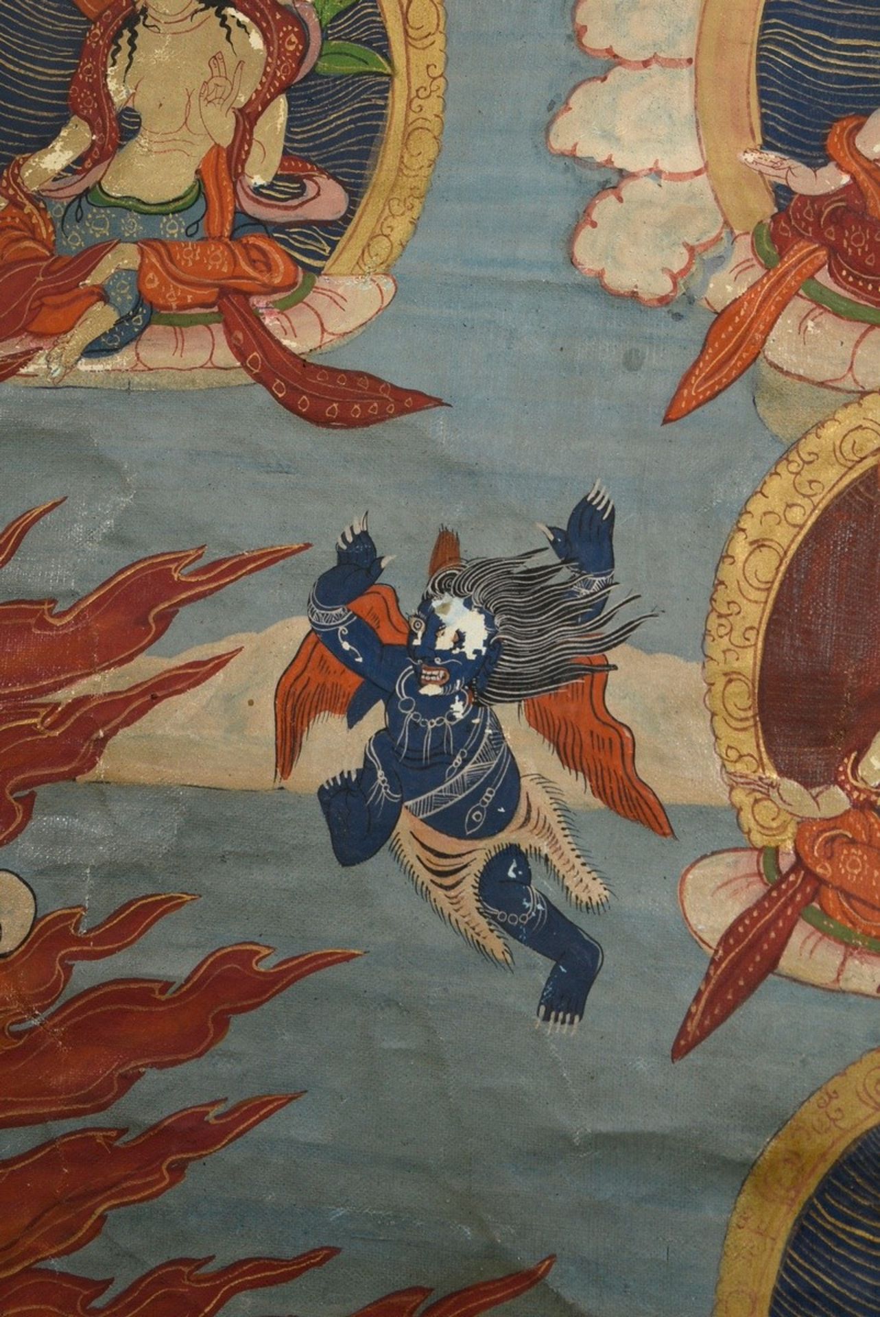 Thangka „Dharmapāla Mahākāla (?) vor Flammenaureole (blaue Körperfarbe und drei Augen) mit hellblau - Bild 7 aus 13