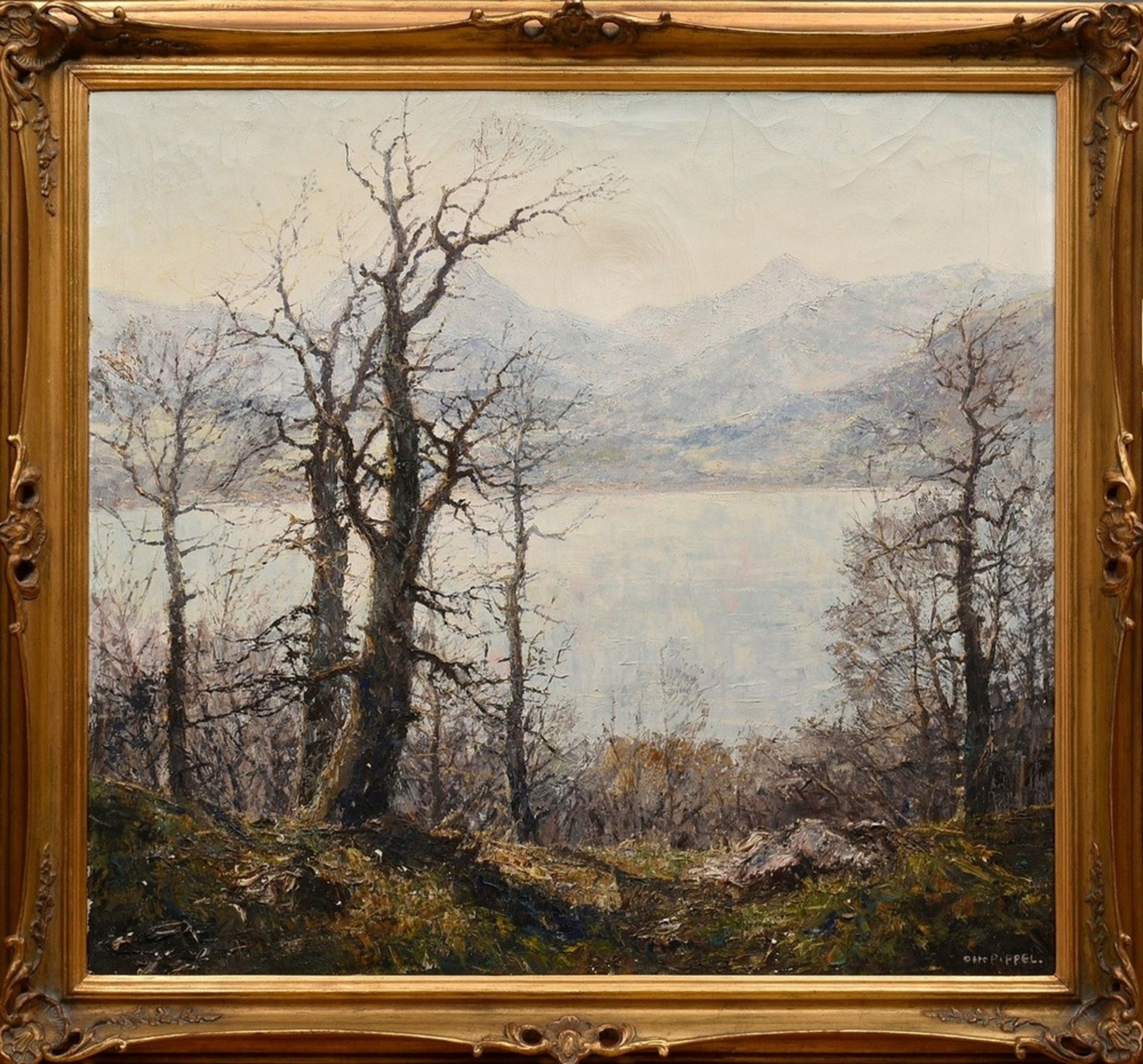 Pippel, Otto (1878-1960) "Pre-spring at Lake Tegernsee", oil/canvas, sign. lower right, verso titl. - Image 2 of 9