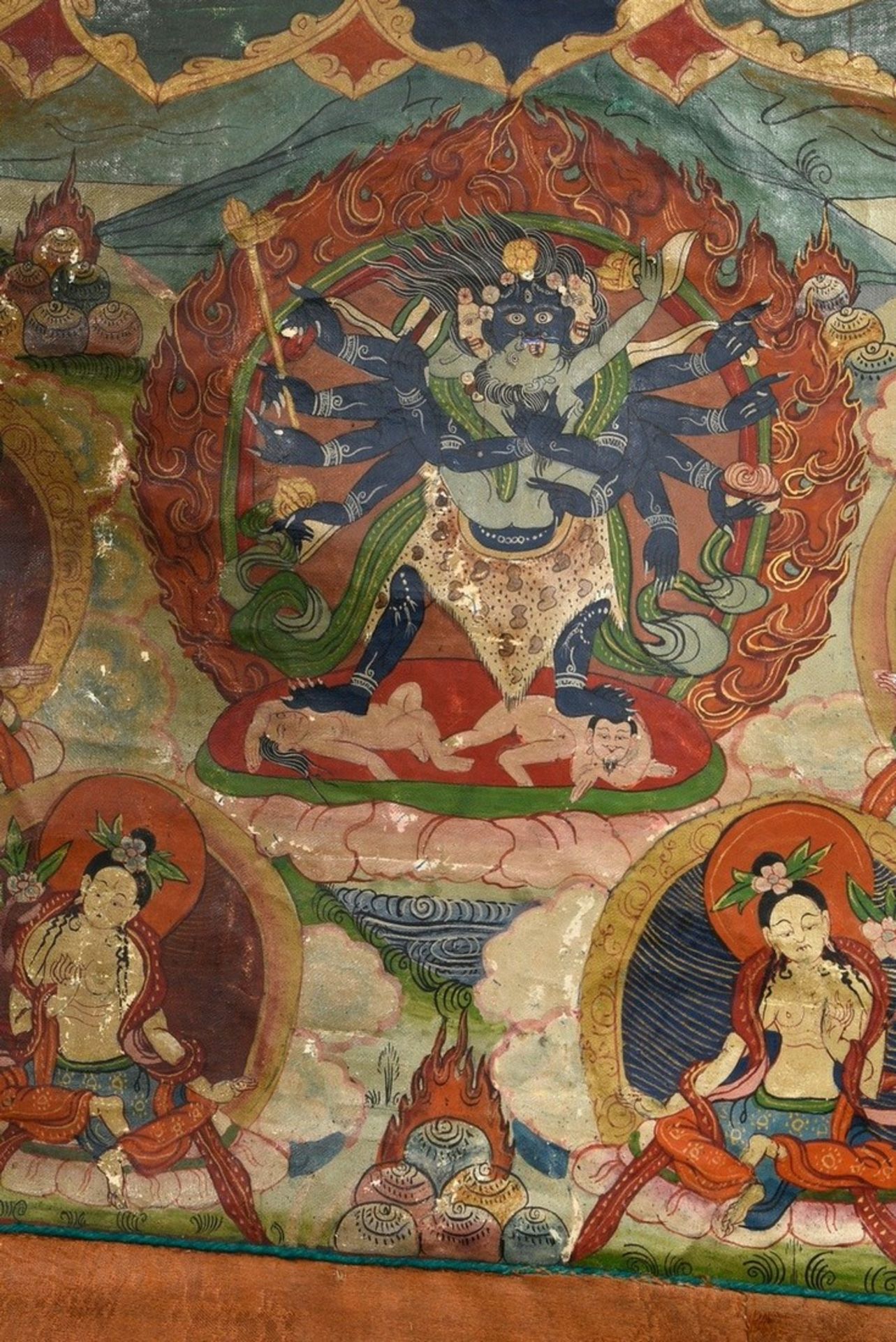 Thangka „Dharmapāla Mahākāla (?) vor Flammenaureole (blaue Körperfarbe und drei Augen) mit hellblau - Bild 5 aus 13