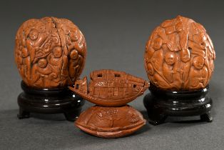 3 Various Chinese carvings: 2 walnuts "100 Arhats" on matching stands and 1 stone "boat" on matchin