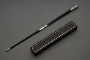 Conductor's baton in original leather case, ebonised wooden shaft with floral ornamented silver 925