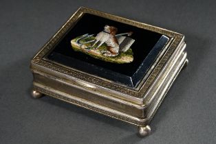 Silver box on ball feet with surrounding foliate ornaments and micromosaic plaque "Dog and Anchor" 