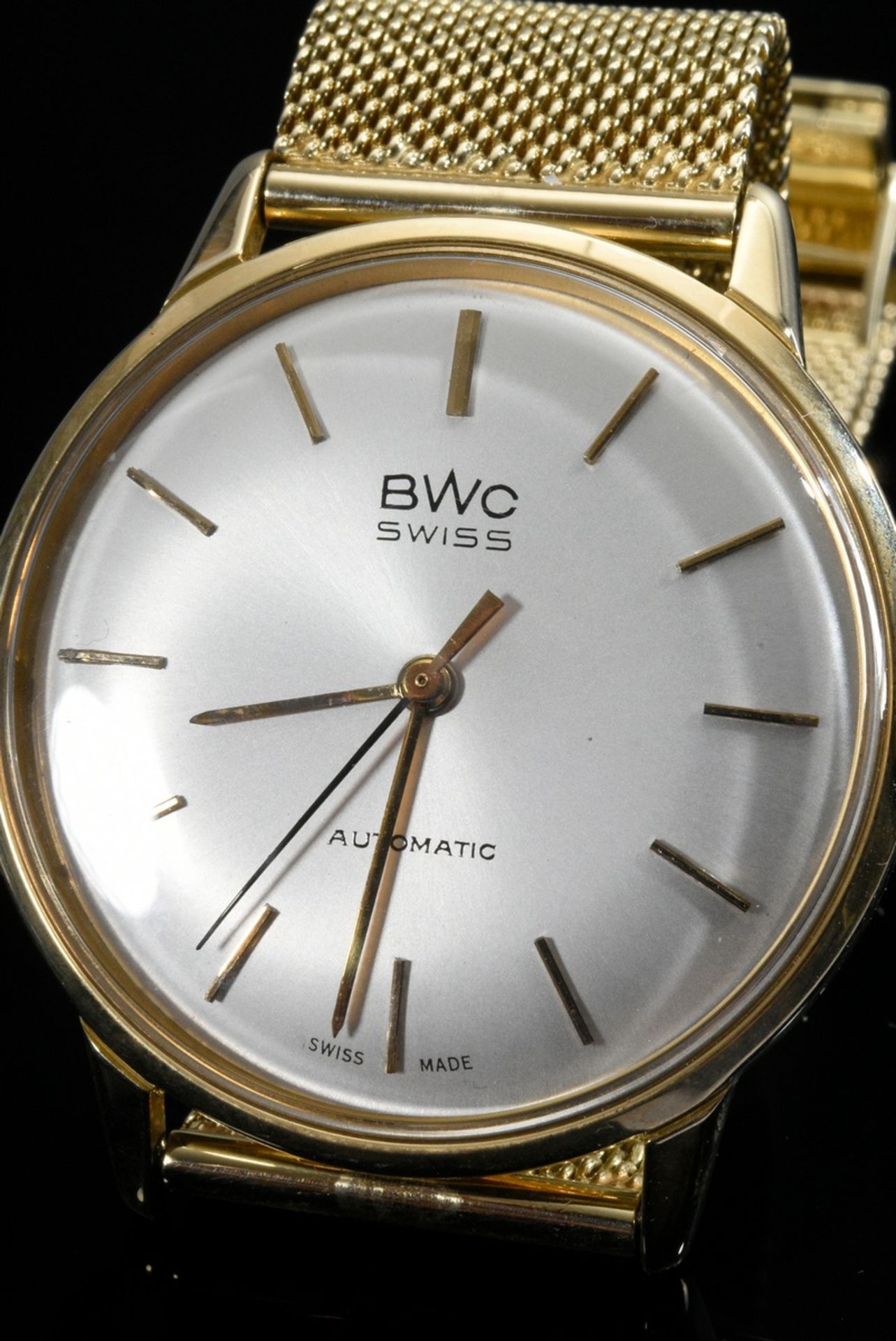 BWC Swiss yellow gold 585 men's wristwatch, automatic, Milanaise bracelet (worn), hour markers, lar - Image 4 of 4