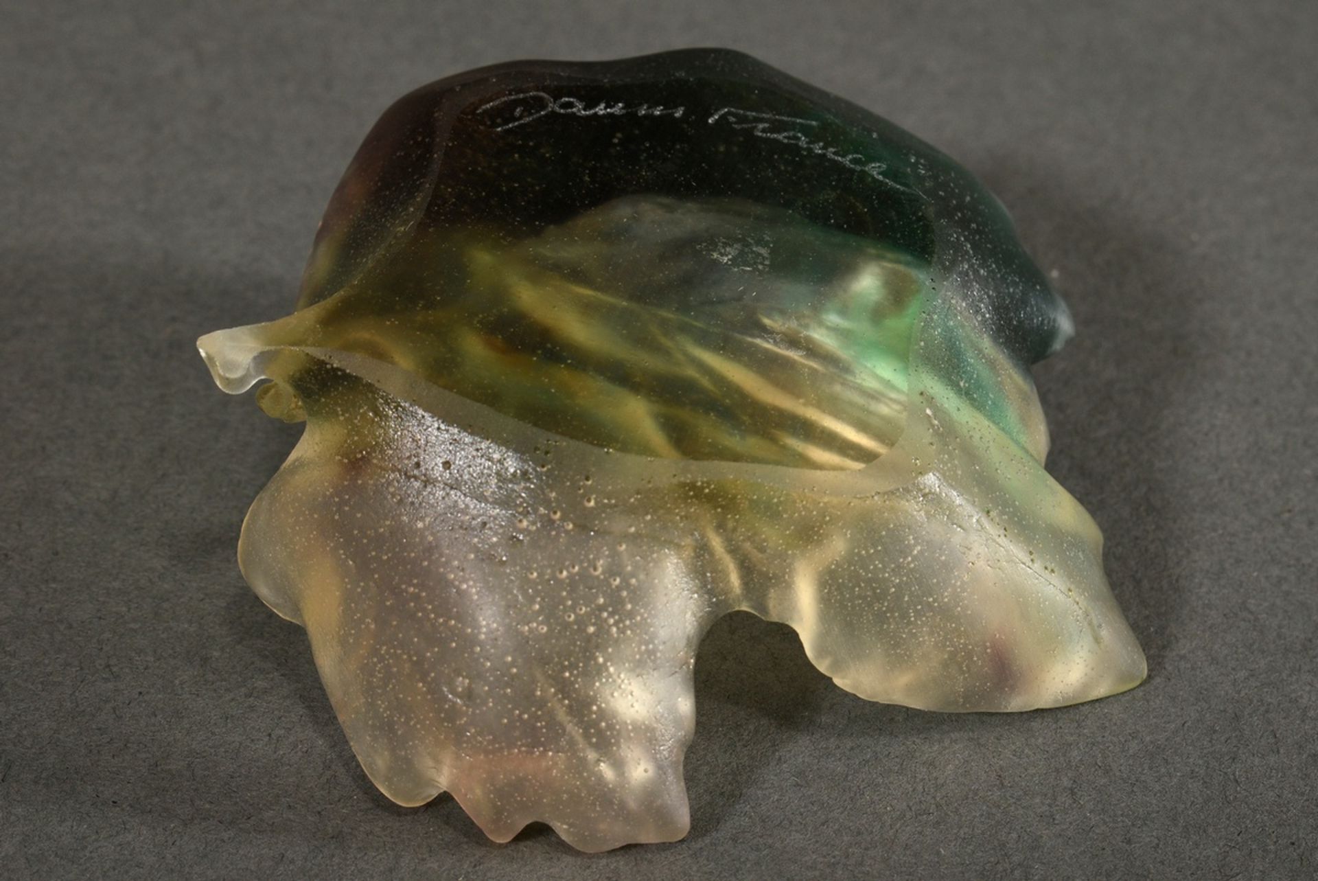 Daum pâte-de-verre leaf bowl in green-light yellow with sculptural brown snail shell, verso sign. " - Image 3 of 5