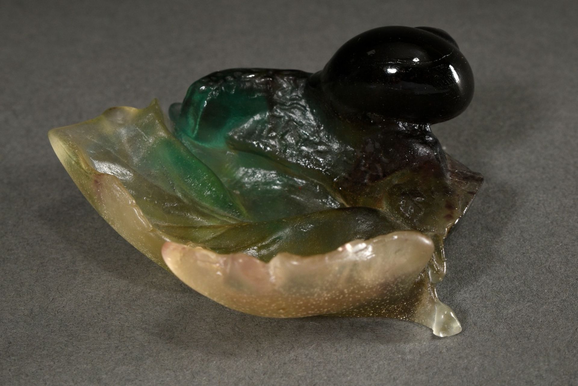 Daum pâte-de-verre leaf bowl in green-light yellow with sculptural brown snail shell, verso sign. " - Image 2 of 5