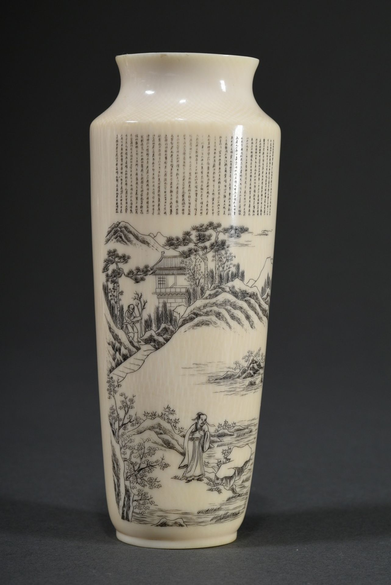 Elfenbein Vase mit langem Gedicht in Miniatur Schrift und 2 Szenen mit Gelehrten in Gebirgslandscha - Bild 2 aus 11