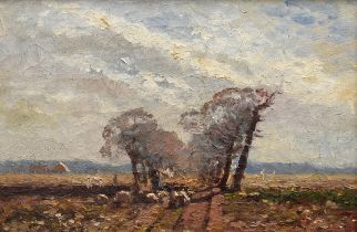 Kuchel, Max (1859-1933) "Weite Landschaft mit Schafherde", Öl/Leinwand, 32x48,5cm (m.R. 46,5x62,5cm