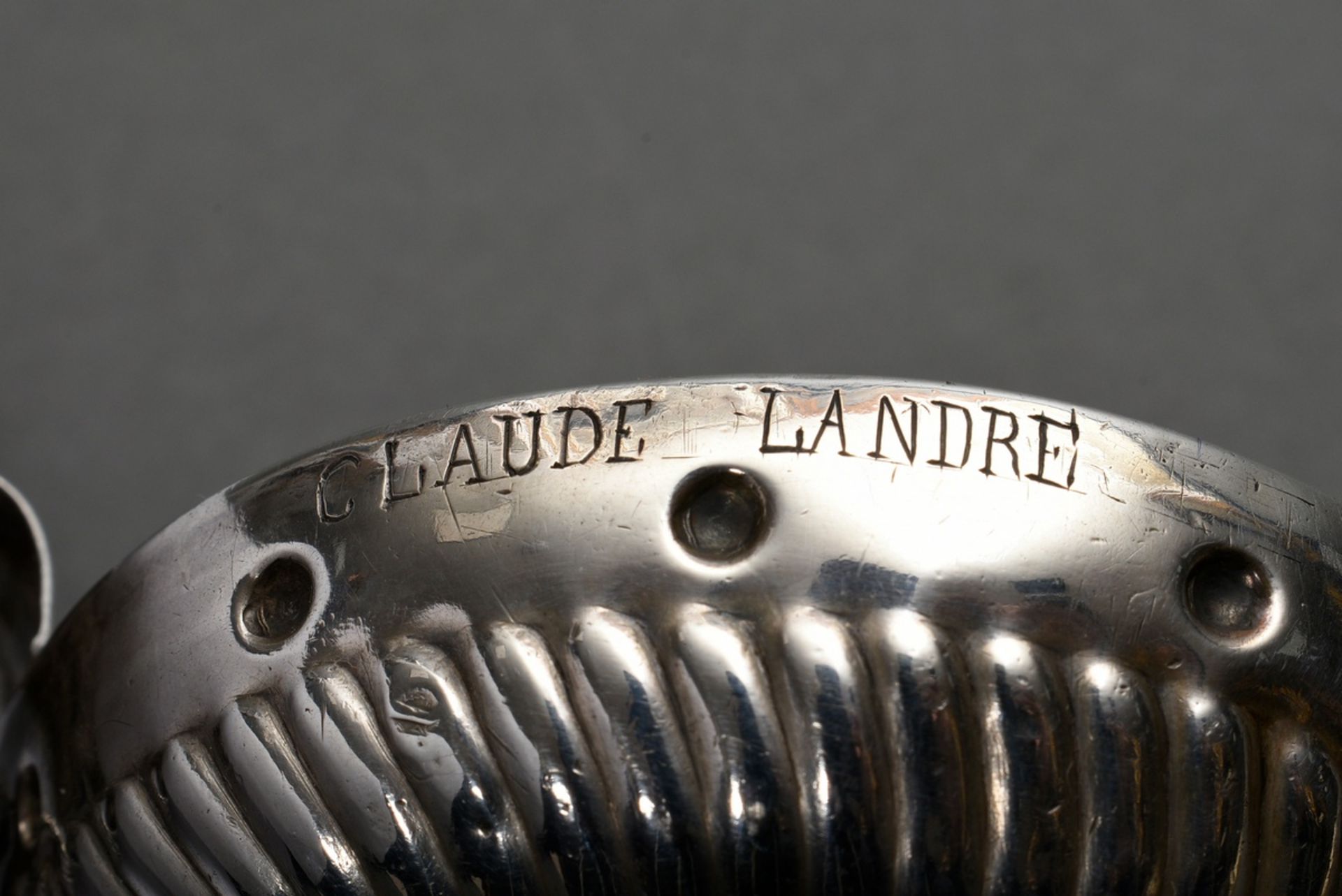 French Tastevin bowl with half humped and half fluted wall and wide ring handle with vine leaf reli - Image 3 of 4