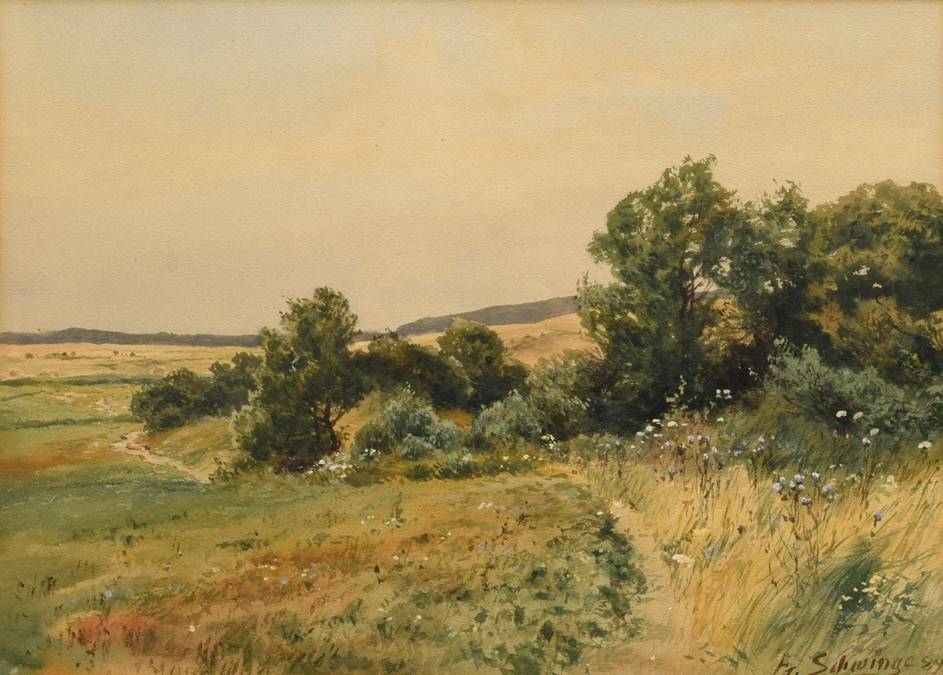 Schwinge, Friedrich (1852-1913) "Feldrain im Sommer" 1889, Aquarell, u.r. sign./dat., verso Klebeet