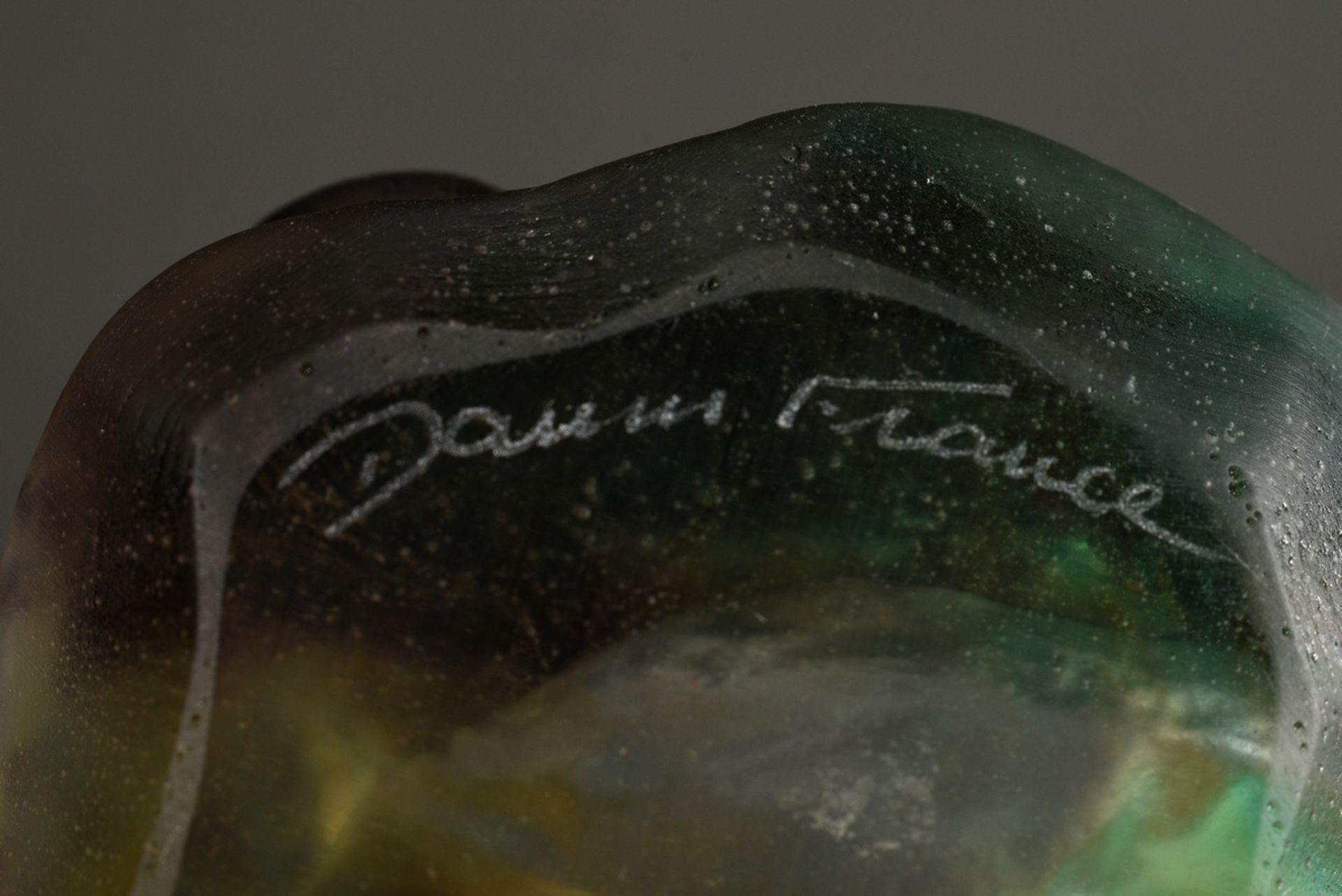 Daum pâte-de-verre leaf bowl in green-light yellow with sculptural brown snail shell, verso sign. " - Image 4 of 5
