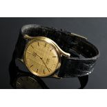 Yellow gold 750 Omega "De Ville" wristwatch, quartz, No. 1365, line indices, brown leather strap, 3