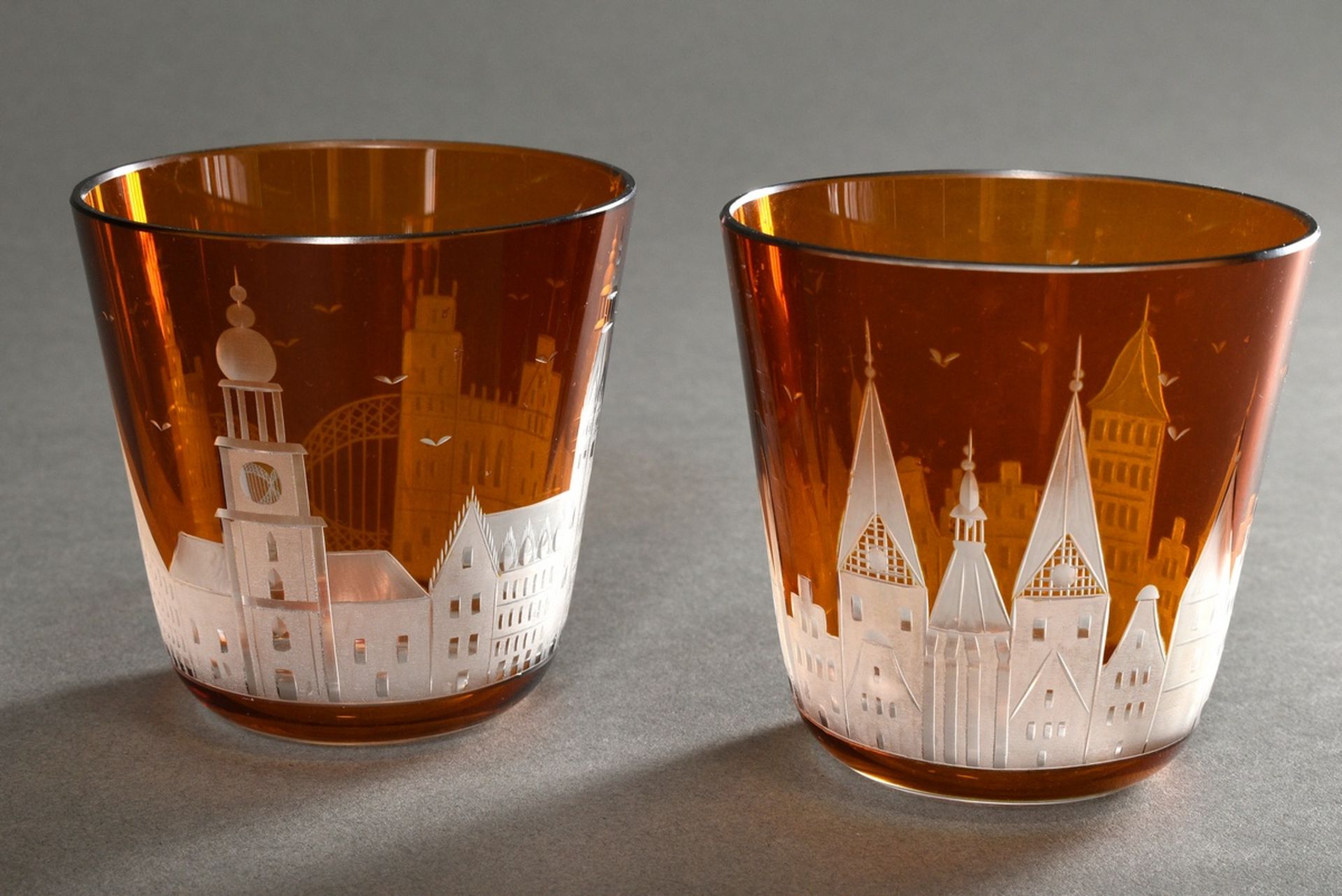 4 Various Rotter glasses with "Hamburg, Lübeck and stripe decorations", amber and red overlay, h. 8 - Image 4 of 6