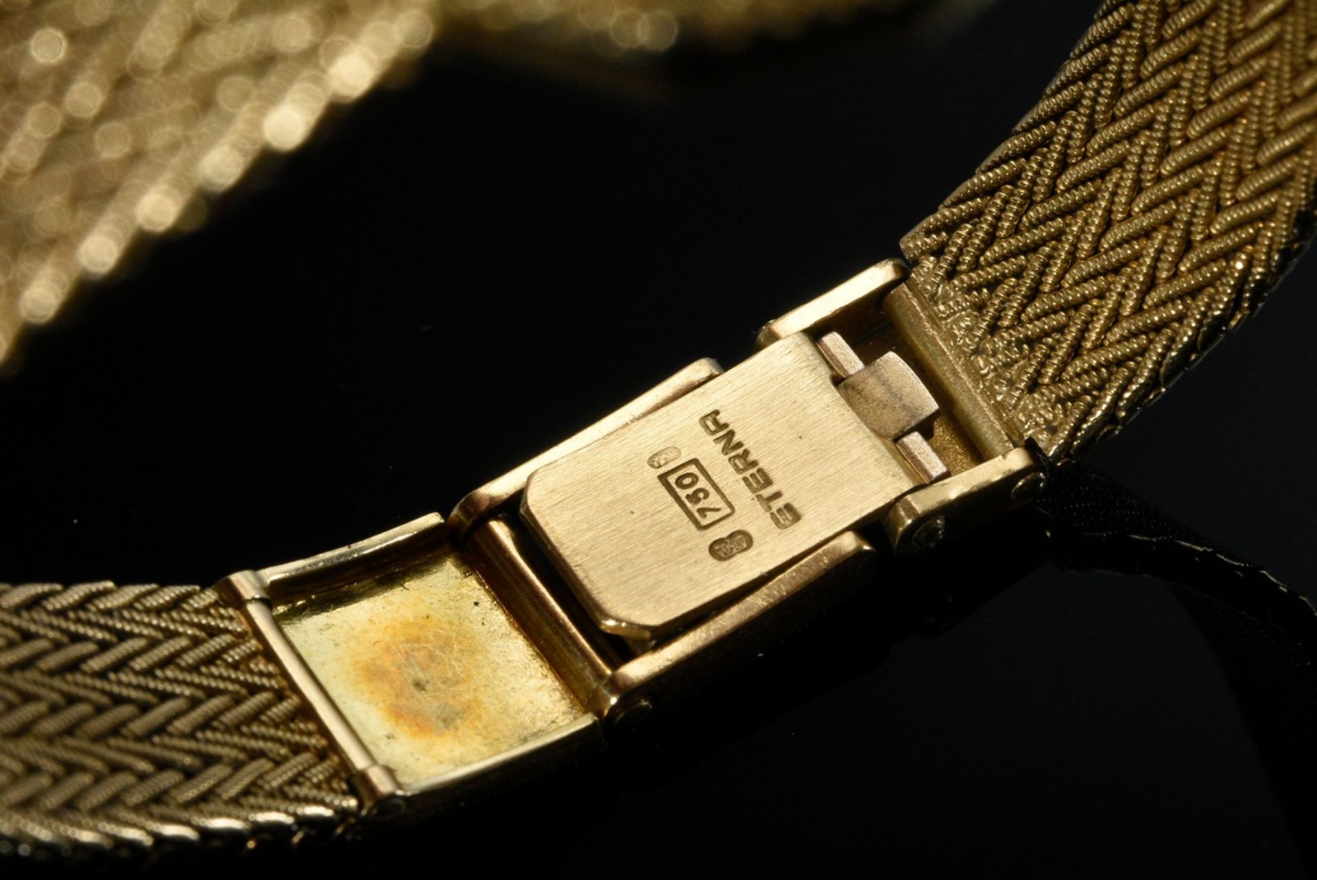 Eterna yellow gold 750 ladies' wristwatch with braided bracelet, quartz, black dial, date, Roman nu - Image 3 of 4