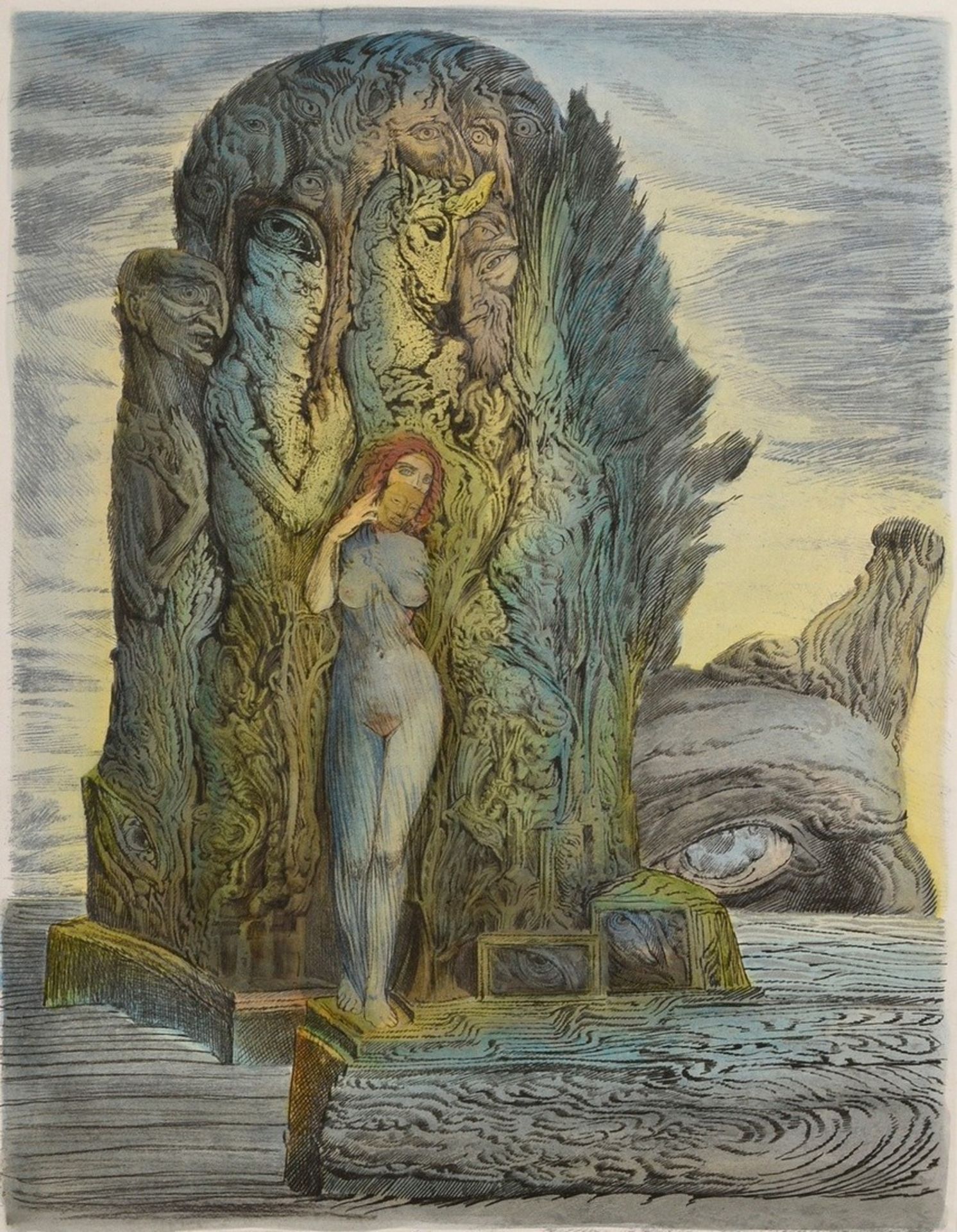 Fuchs, Ernst (1930-2015) "Standing female nude with mask", colour etching, e.a., b. sign./num., PM 