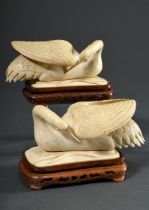 Pair of exceptional ivory carved lidded boxes "Cranes", opening of the shallow cavity in the base i