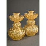 Pair of Barovier & Toso candlesticks in double baluster form, colourless crystal glass with melted 
