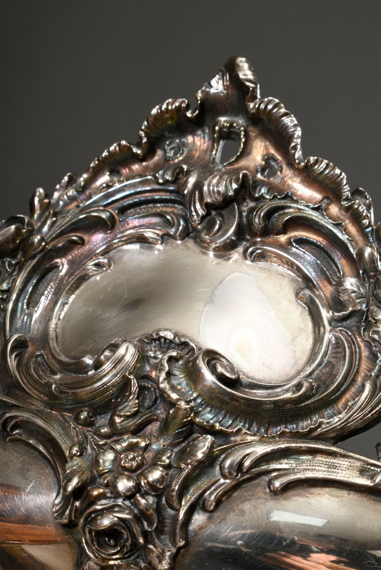 Prunk Tafelaufsatz mit Rocaille Dekor, Silber 800, 1197g, 24,5x50x22cm, ohne Glaseinsatz - Bild 5 aus 9