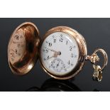 Red gold 585 ladies' savonette, Swiss lever movement, white enamel dial with Arabic numerals, hour 