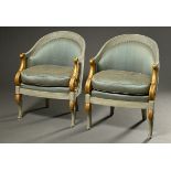 Paar halbrunde Sessel im Empire Stil mit Volutenlehnen, Frankreich um 1900, gold-türkis gefasst, H.