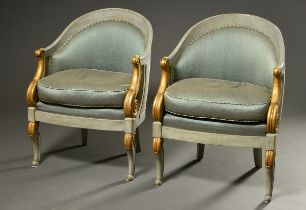 Pair of semicircular Empire-style armchairs with volute armrests, France, c. 1900, painted gold-tur