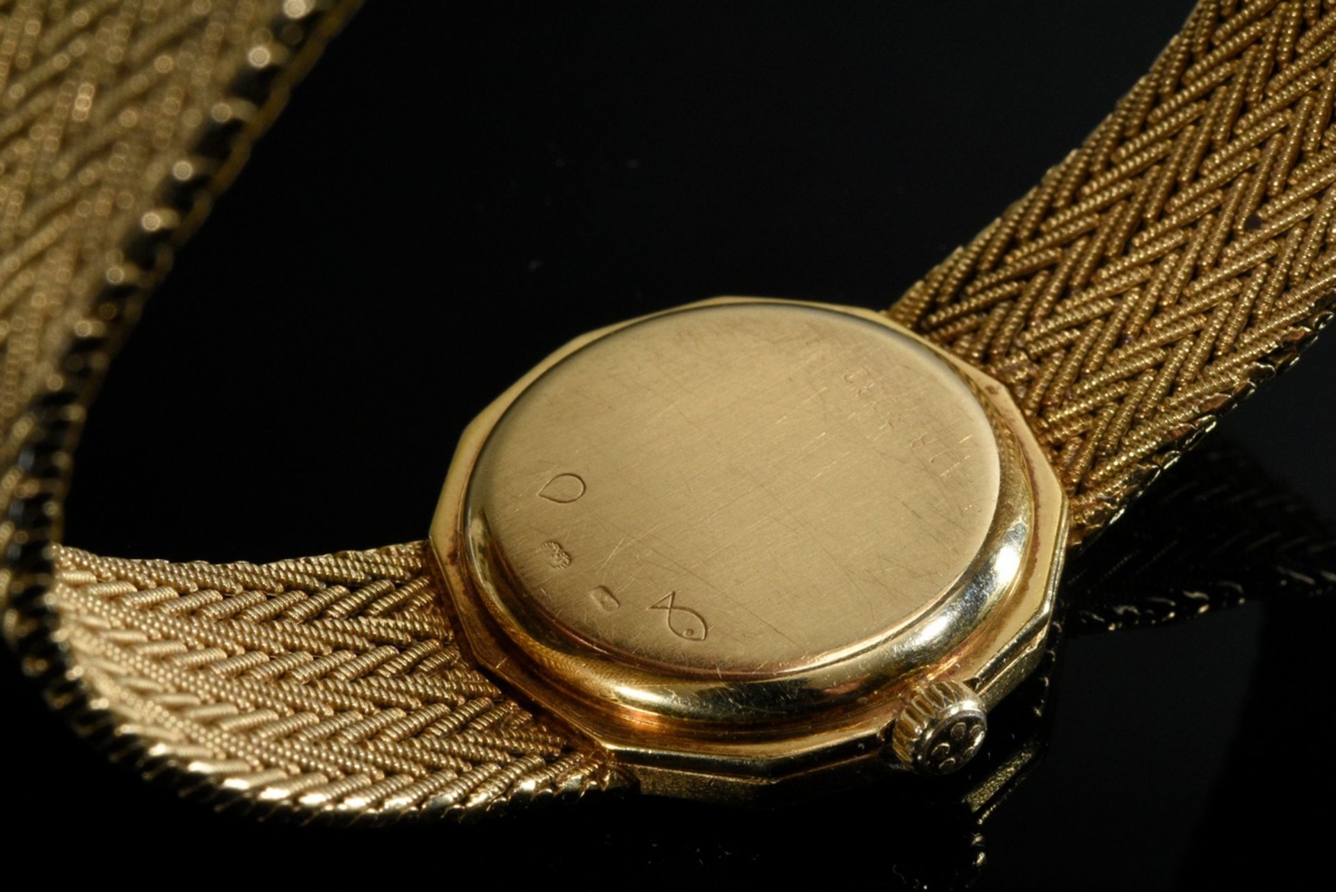 Eterna yellow gold 750 ladies' wristwatch with braided bracelet, quartz, black dial, date, Roman nu - Image 2 of 4