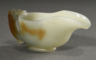 Small jade libation vessel with mythical creature handle, Rust, China, 4.1x9.8cm