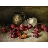 Hermann-Allgäu, August (1852-1916) "Still life with plums and pewter dishes", oil/wood, sign. t.r.,