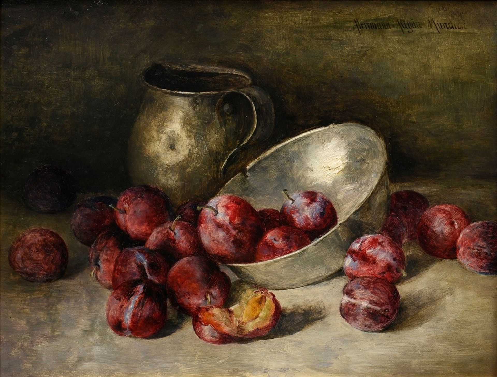 Hermann-Allgäu, August (1852-1916) "Still life with plums and pewter dishes", oil/wood, sign. t.r.,