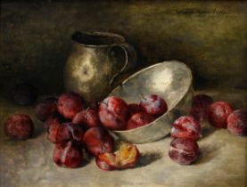 Hermann-Allgäu, August (1852-1916) "Still life with plums and pewter dishes", oil/wood, sign. t.r.,