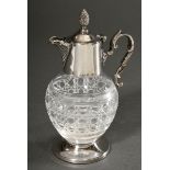 Small Baccarat-cut rum jug with silver-plated mounting and sculpted "cone" knob and floral handle, 