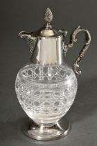 Small Baccarat-cut rum jug with silver-plated mounting and sculpted "cone" knob and floral handle, 