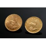 2 Gelbgold 916 „2 Rand Krügerrand" Münzen, 1966 und 1967, Südafrika, zus. 16g, Ø 2,2cm