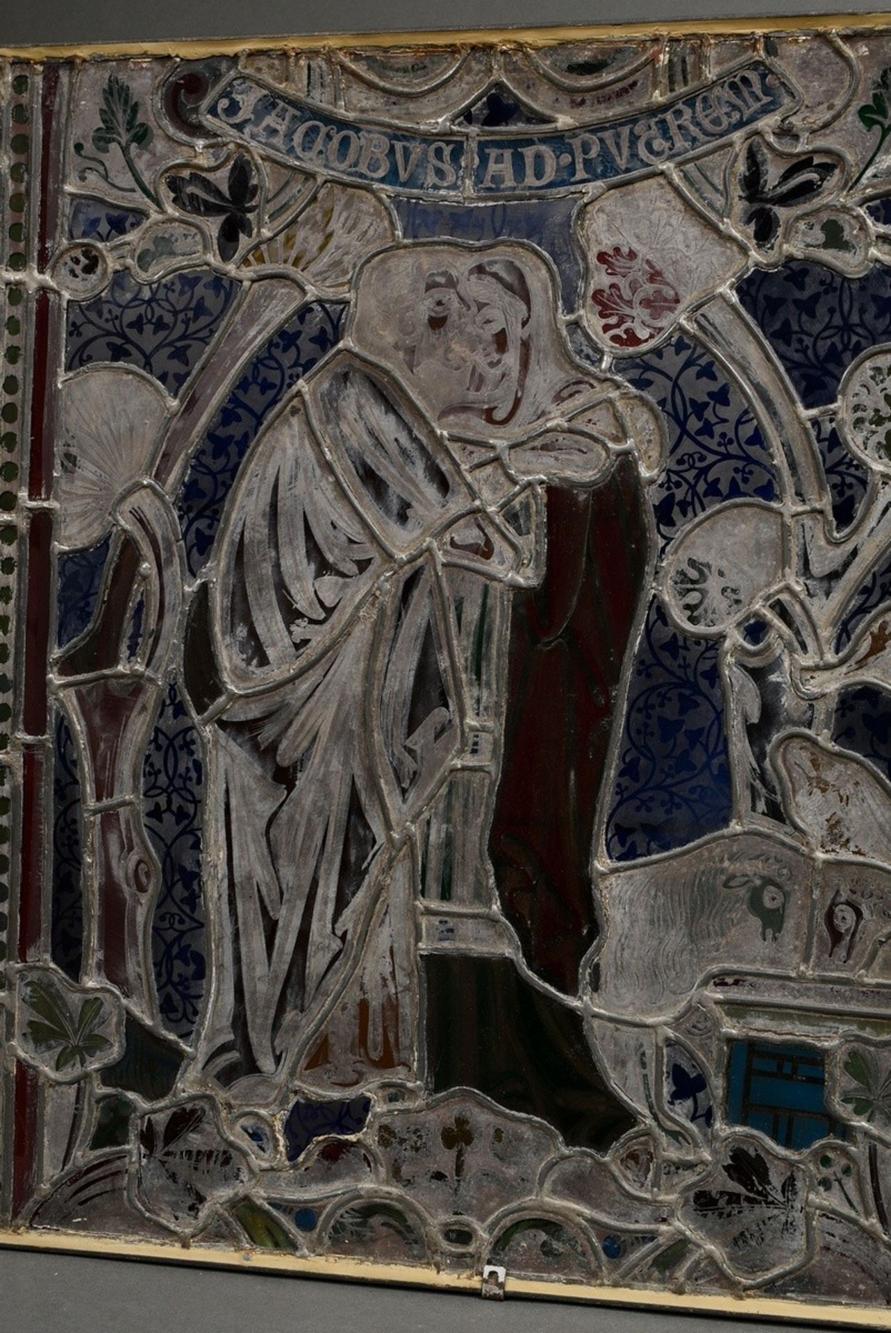 Kirchenfenster Bleiverglasung „Jacob und Rachel“, 19.Jh., mit integrierter Beleuchtung, 67,5x63,5cm - Bild 4 aus 6