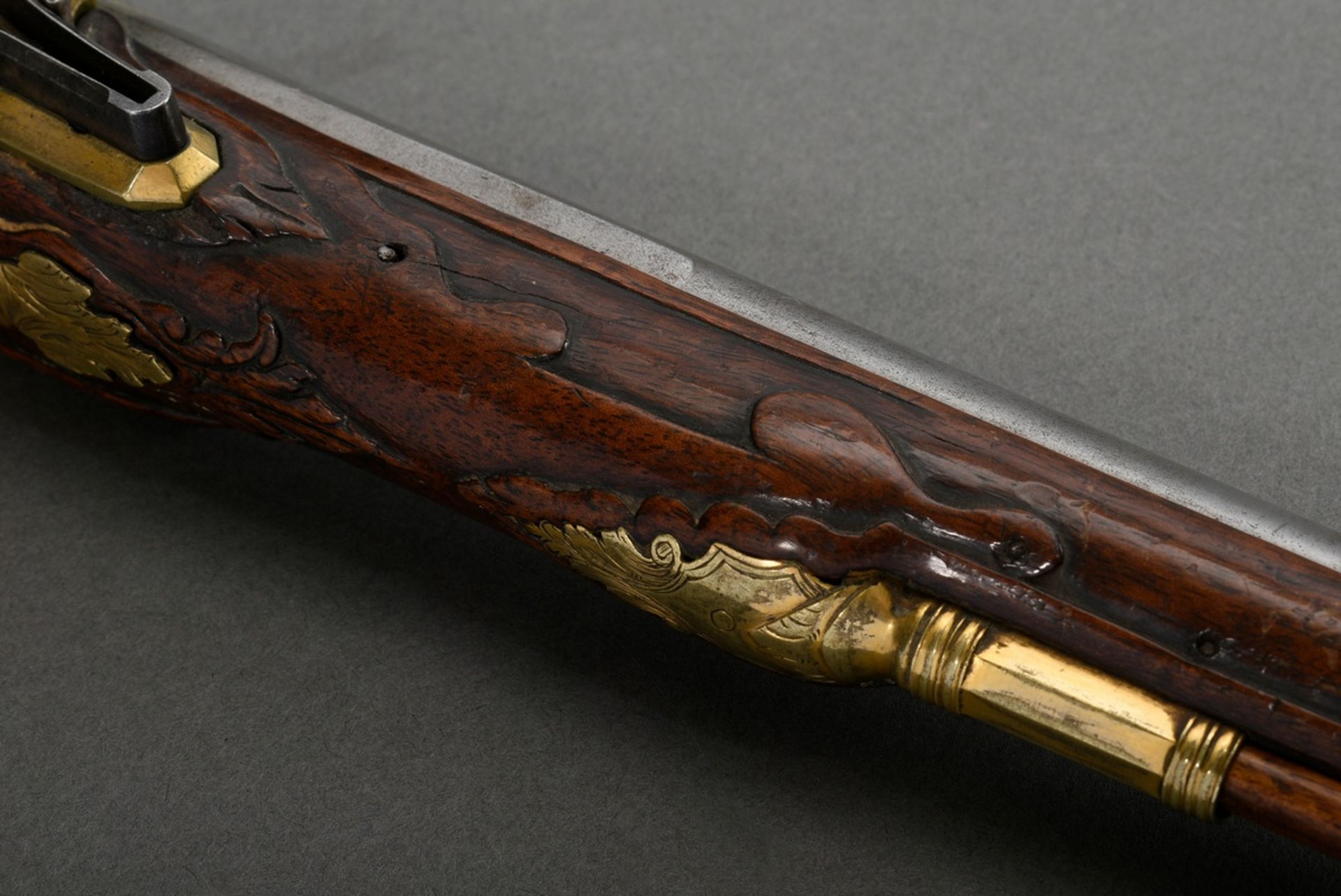 Muzzle loading flintlock cavalry pistol with iron barrel and brass gilt, finely engraved fittings " - Image 6 of 21