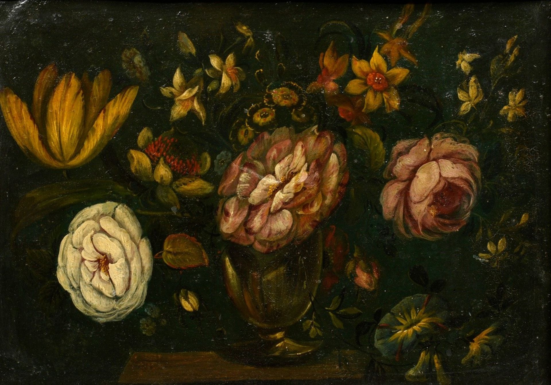 Unknown artist of the 18th c. "Flower still life in vase", oil/metal, 25,5x35,8cm (w.f. 33,5x44cm),