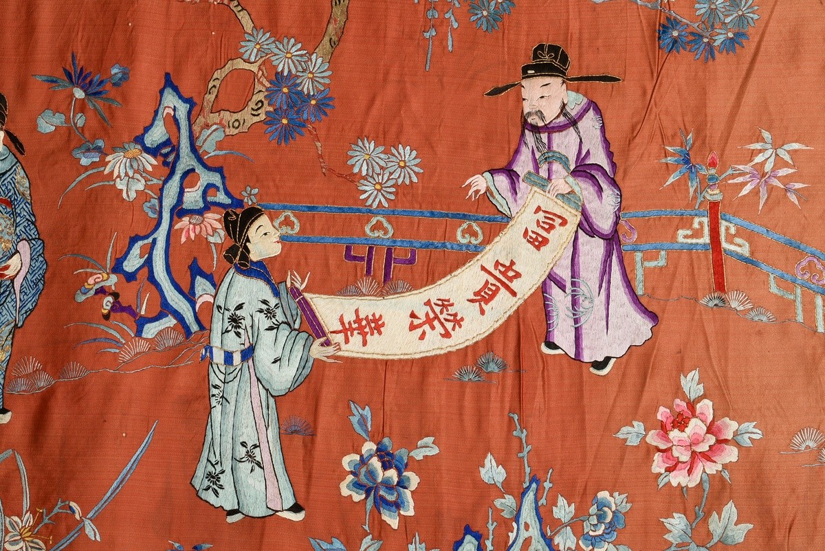 Chinese silk wall hanging with detailed flat embroidery in polychrome silk and gold threads "Audien - Image 13 of 14
