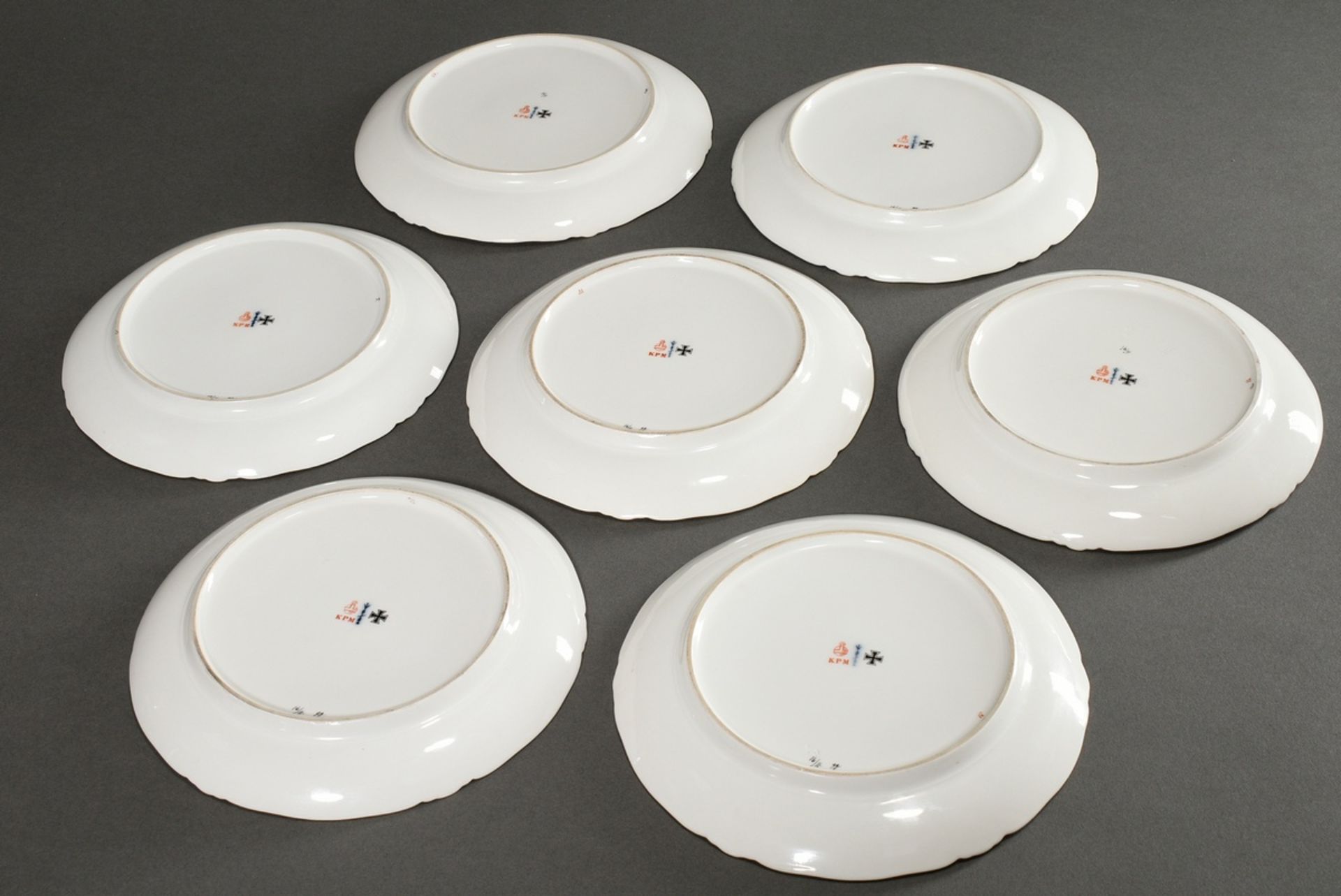 7 Various KPM plates with gilded relief bisque porcelain Rocaille rim, polychrome soft painting "fr - Image 4 of 14