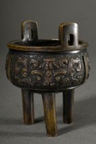 Chinese incense burner "Ding" with archaic frieze and handles on three feet, bronze, Ming dynasty, 