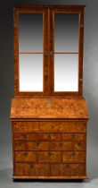 Queen Anne bureau with mirrored top and 12 drawer front and sloping writing flap, interior with bro