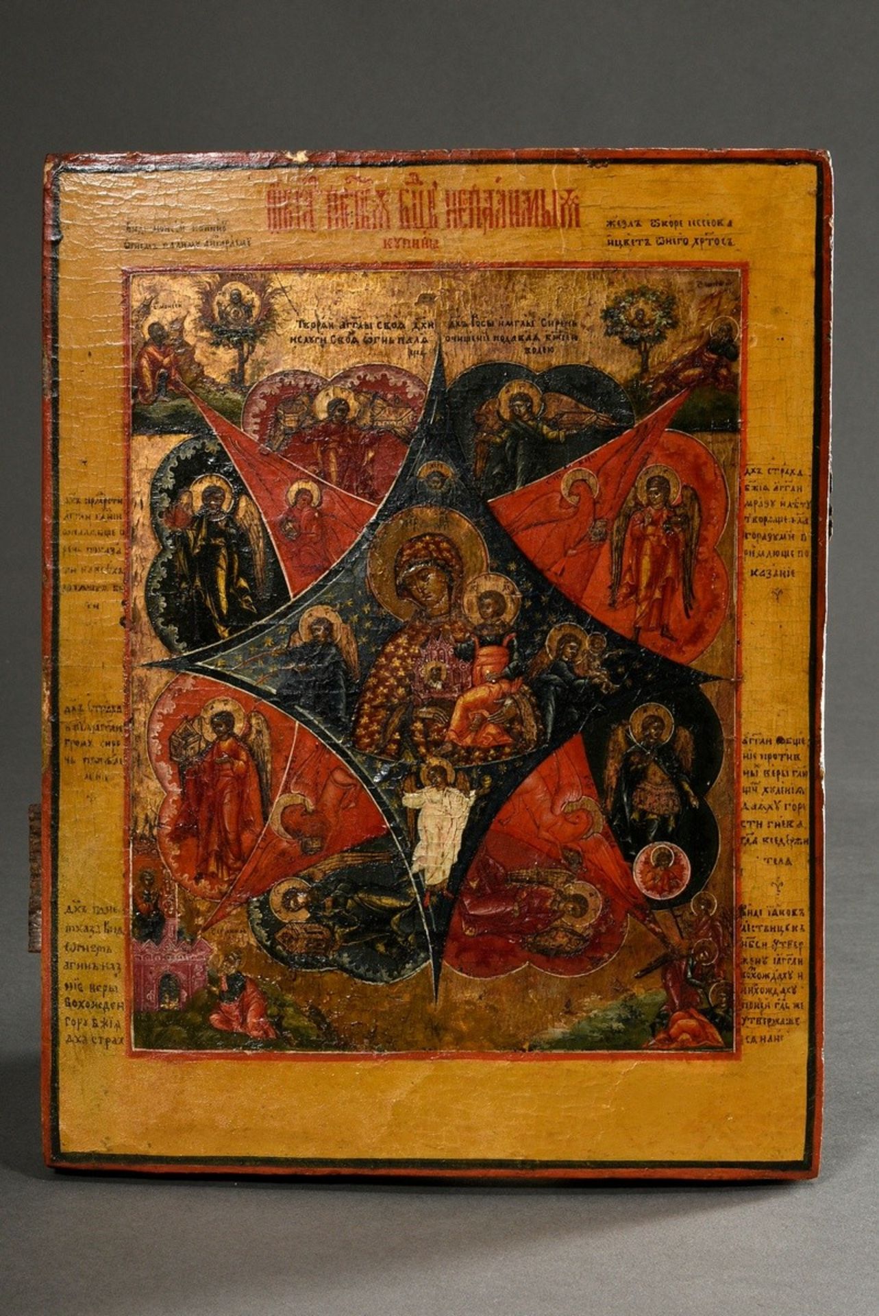 Russian icon "Image of the Most Holy god-bearer of the Non-Burning Bush", Mary with child surrounde