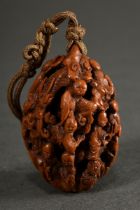 Finely carved walnut "18 Arhats or Luohan and Dragon" on knotted silk cord, China c. 1900, h. 5/13c