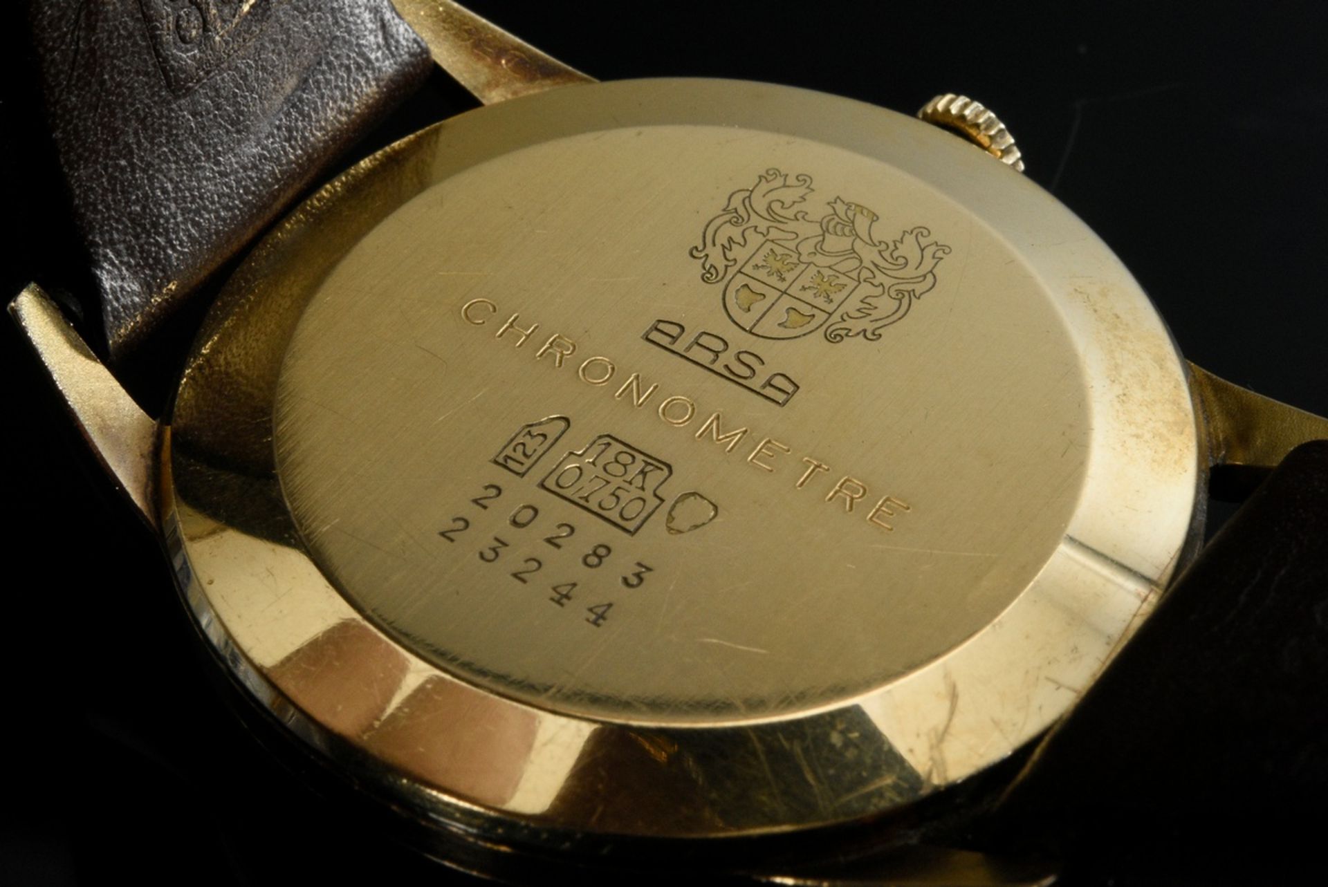 Gelbgold 750 Arsa Chronometer Armbanduhr, Handaufzug, kleine Sekunde, Pfeilindizes, braunes Lederba - Bild 2 aus 4