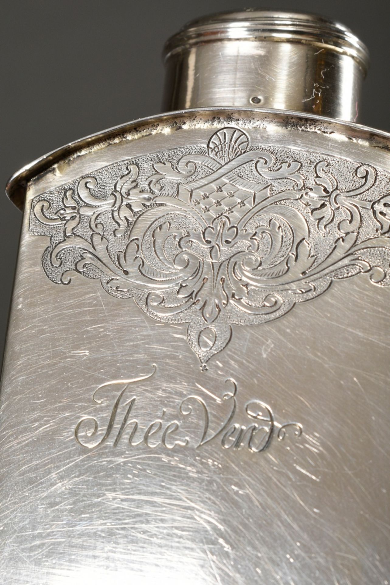 Regence tea caddy with semi-circular shoulder and sliding base, ornamental band and foliage engravi - Image 5 of 6