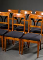 6 Baltic Biedermeier chairs in a simple style with blackened carved volutes in the backrest, birch 