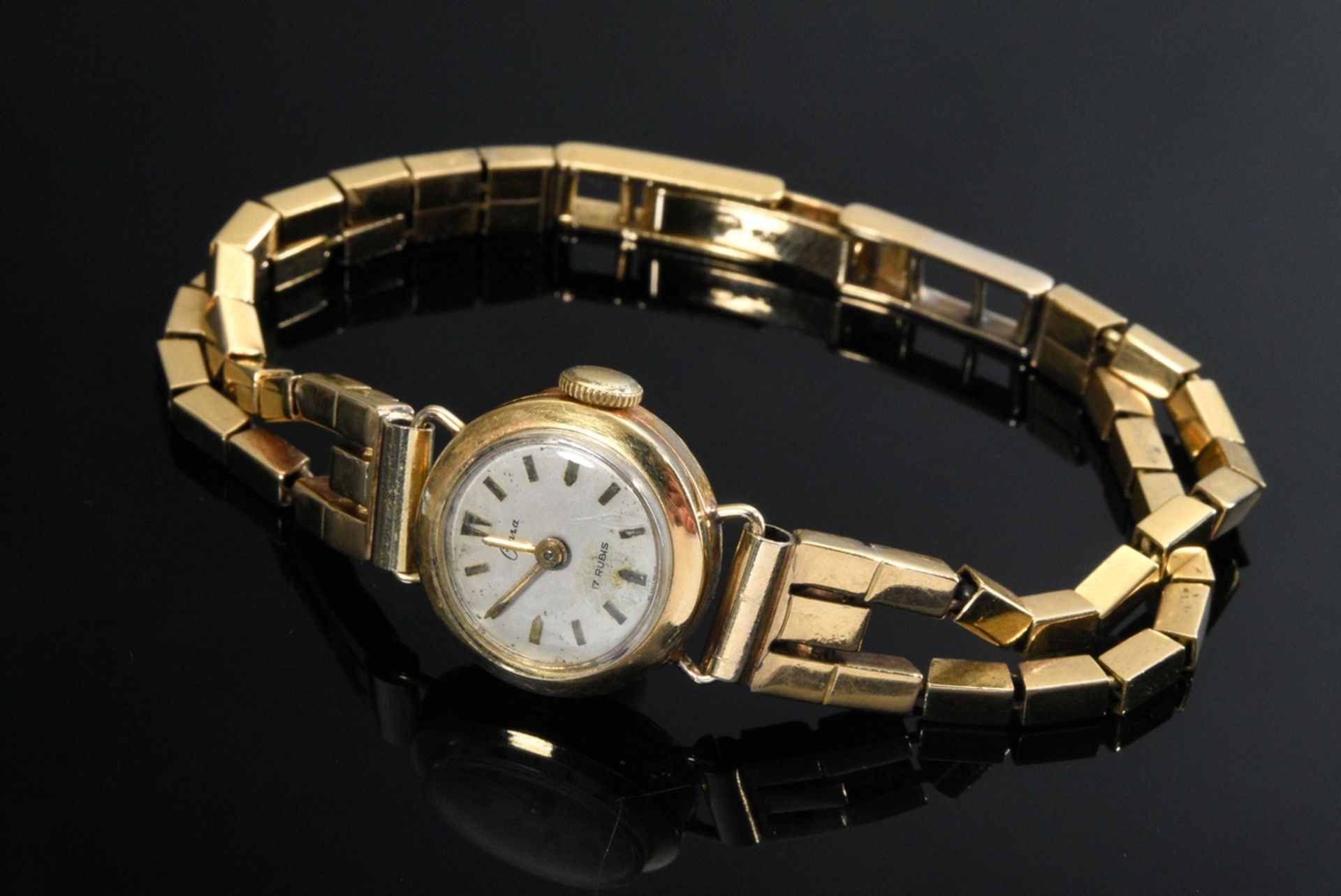 Gelbgold 750 Onsa Damenarmbanduhr, Handaufzug, um 1950, 25g, L. 18,8cm, gangbar (keine Garantie auf