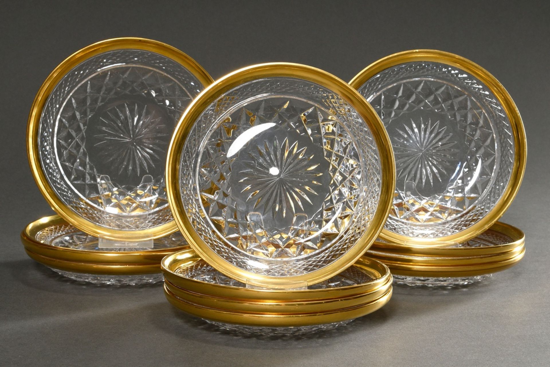 12 crystal dessert plates with gilded rim and decorative cut, Ø 15.5cm, minimally rubbed