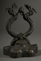 Chinese bronze "Two dragons with Tama pearl" on "landscape base", two-piece, 19th c., h. 14cm, Prov
